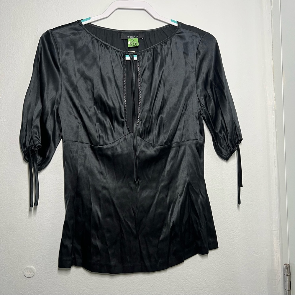 Arden B Black Silk Blend Satin Blouse Size S Tie Sleeve Keyhole Top